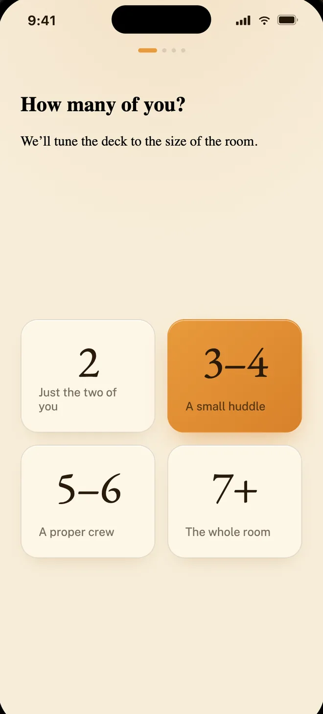 Catalyst onboarding: choosing the group size, from two people up to seven or more.