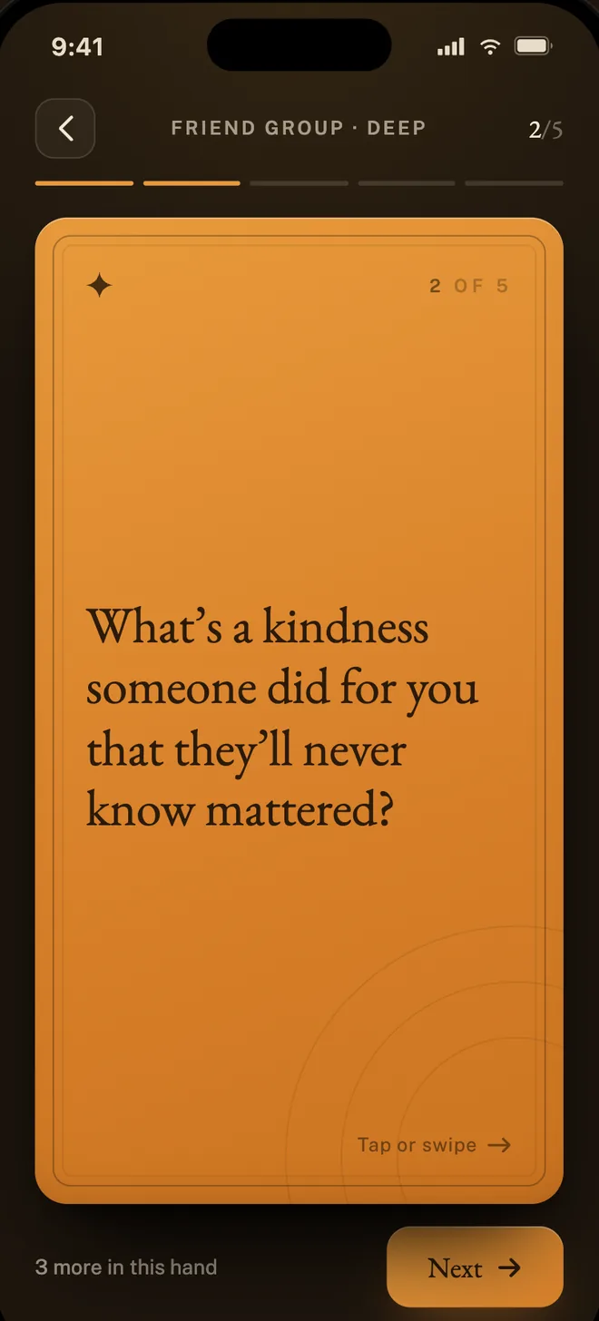 A Catalyst question card, two of five in a friend group deep deck.