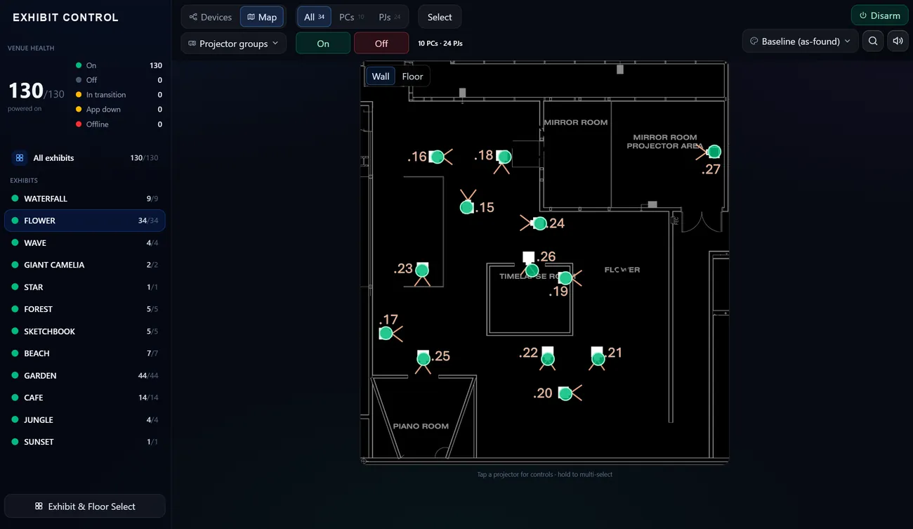The interactive device map: projectors plotted on the gallery floor plan with their throw angles, tap to control, hold to select several.