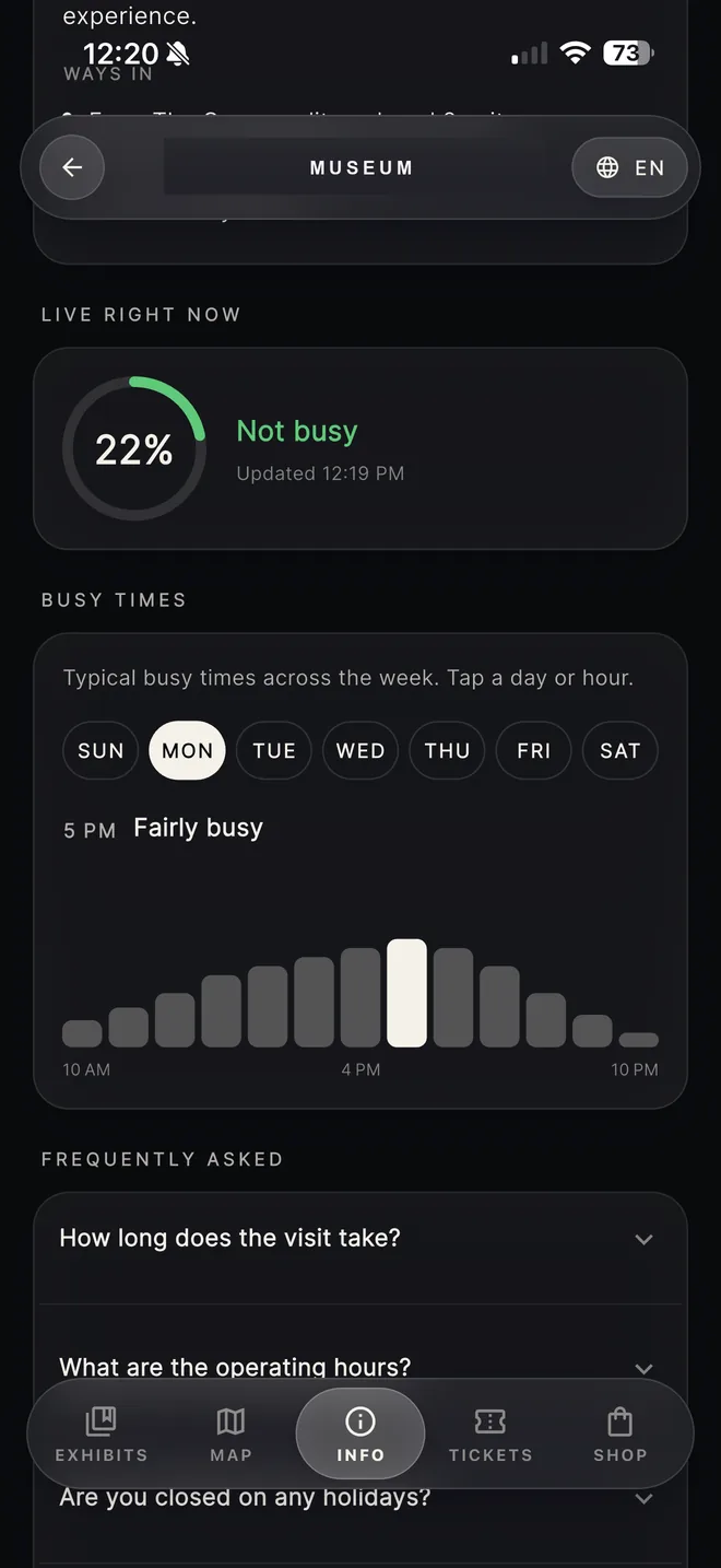 Live occupancy: the museum at 22 percent capacity, marked not busy, above a typical busy times chart for the week.